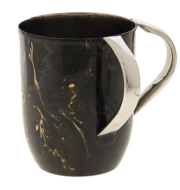 Dark brown enamel wash cup with gold marble veining and curved silver-tone handles