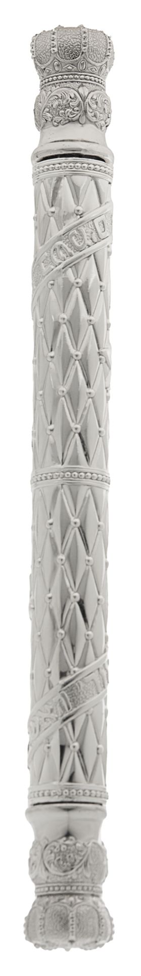 Silver plated havdalah candle holder joined to a besamim spice box in one piece, seen from a second angle