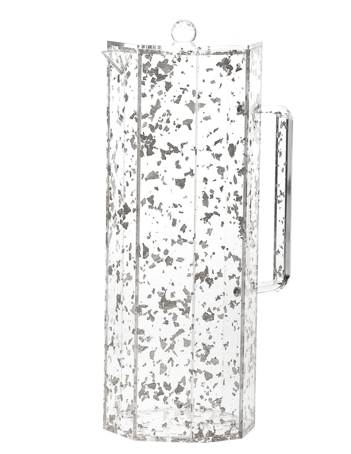 Tall faceted clear Lucite pitcher speckled with silver flakes, with lid and squared handle