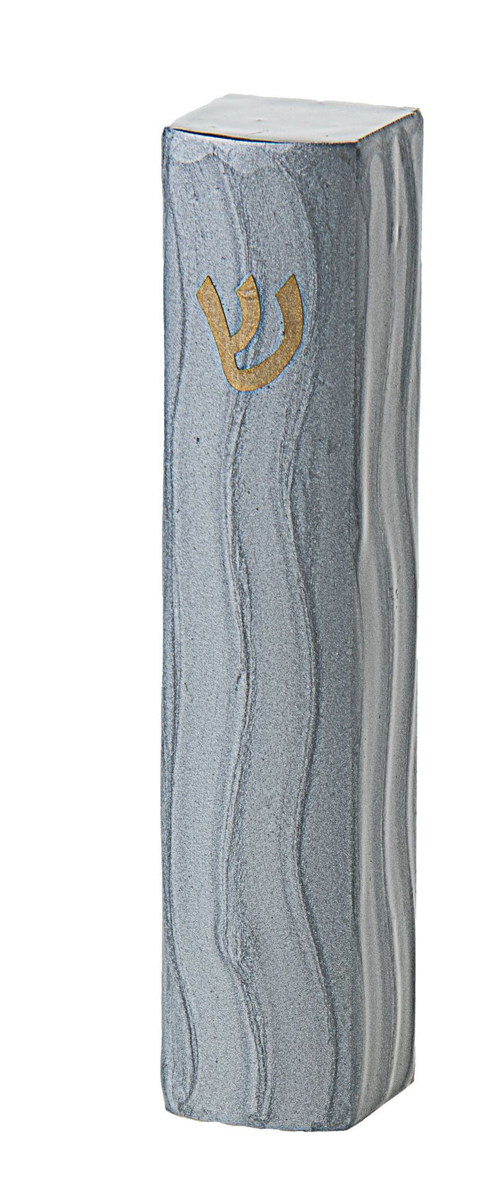 Slim silver enamel mezuzah case with wavy grey-blue lines and a gold-tone shin