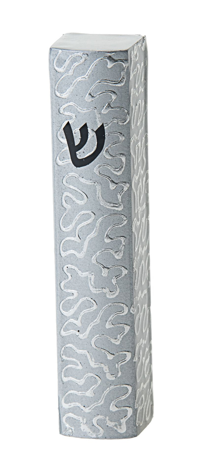 Silver toned metal mezuzah case with curling raised scrolls along its length