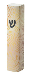 White mezuzah case with an abstract gold pattern sweeping across the front
