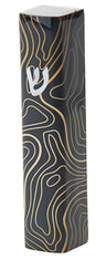Four inch mezuzah case patterned in black and gold in an abstract design