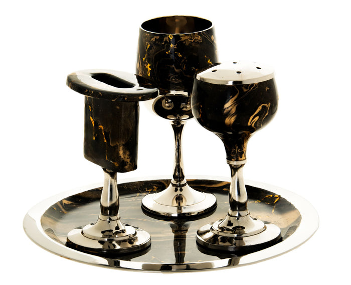 Brown and gold enamel havdalah set with spice box, cup and candleholder on a round tray
