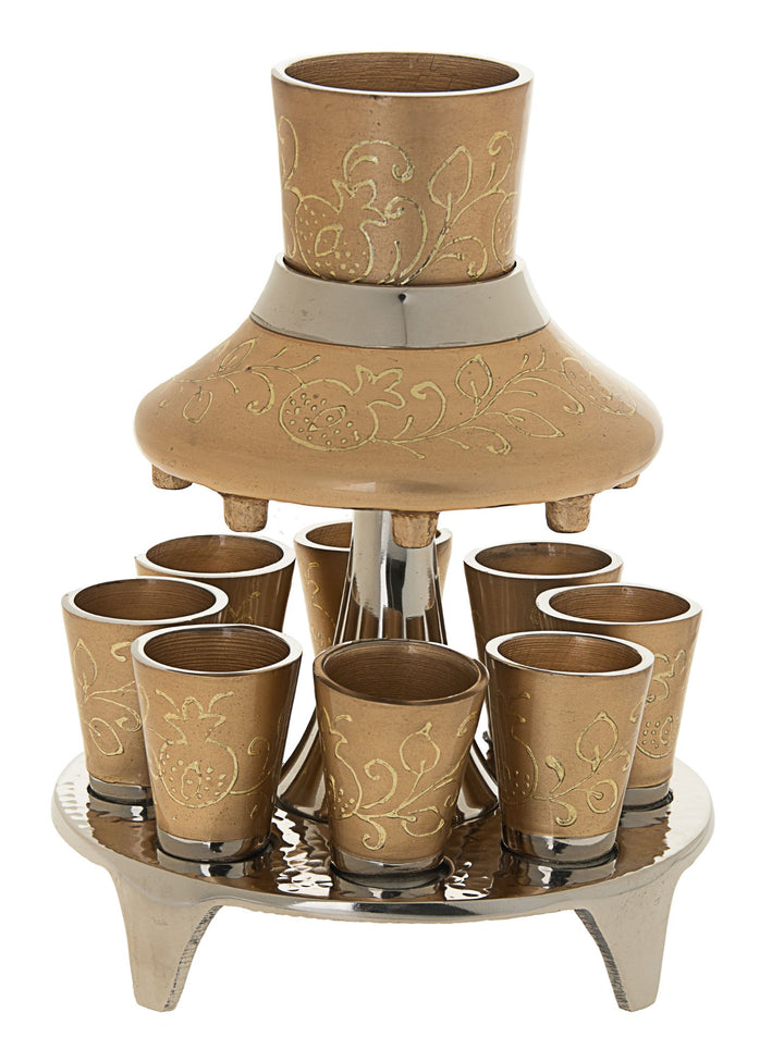 Gold enamel Kiddush wine fountain with floral scroll pattern, eight cups and a silver-tone footed tray