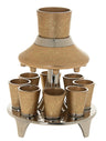 Gold enamel Kiddush wine fountain with floral scroll pattern, eight cups and a silver-tone footed tray