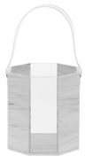Lucite ice bucket with a swirled grey marble look finish and a straight sided body