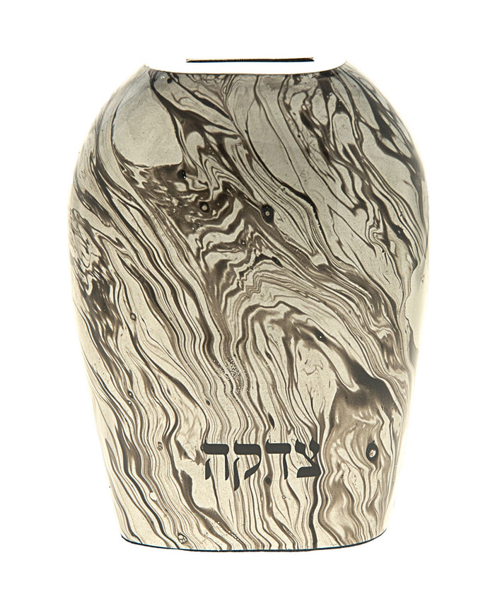Grey and cream marbled metal tzedakah box with Hebrew lettering and a top coin slot
