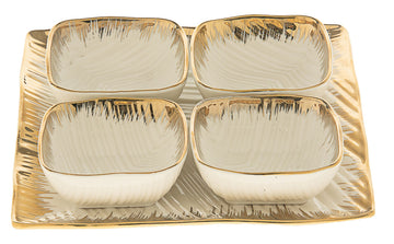 Four compartment white porcelain dish with gold trimmed rims and a square outline