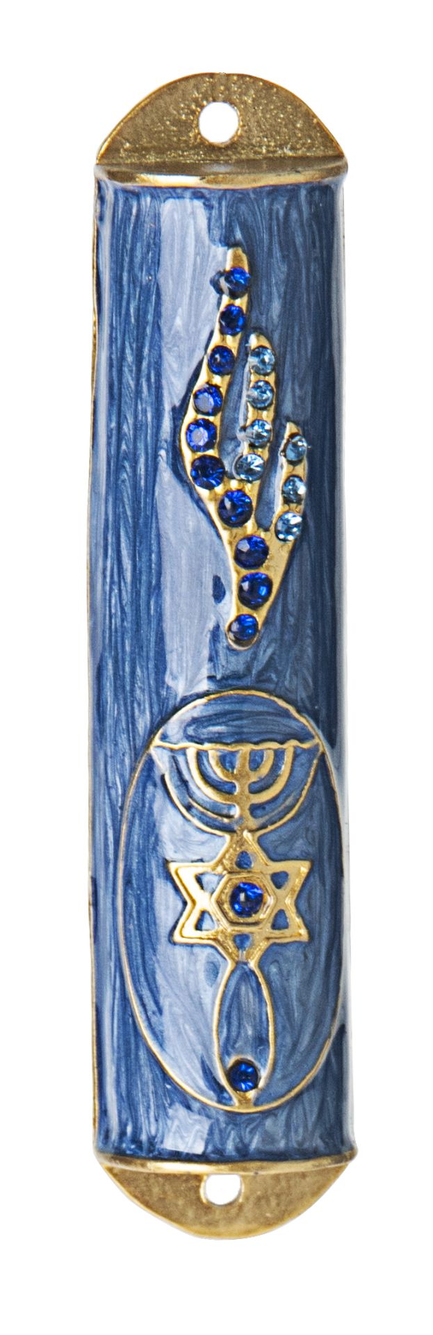 Blue and gold enamel mezuzah case with a Star of David and menorah on the face