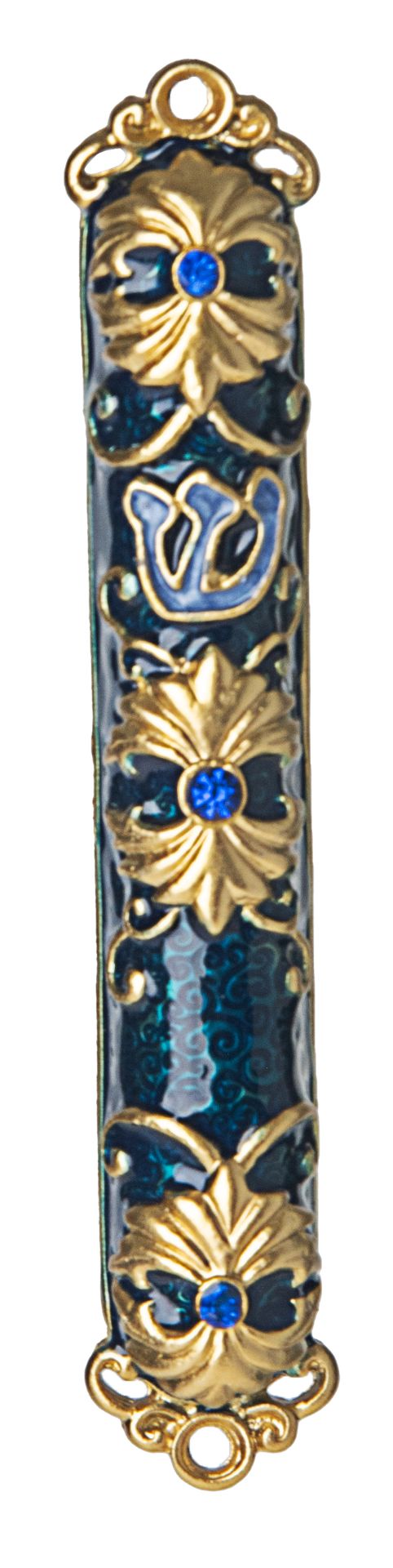 Compact blue and gold enamel mezuzah case with jewels set across the face