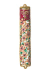 Pink enamel mezuzah case with flowers and a menorah worked into the front