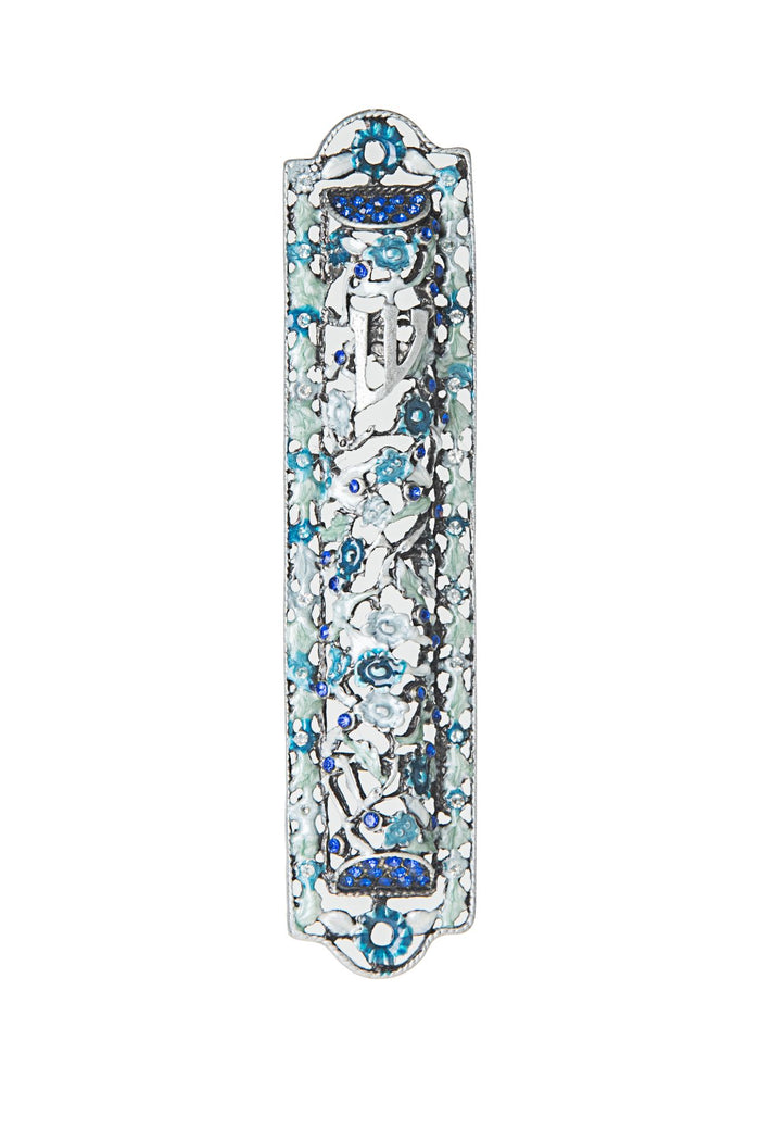Mezuzah case edged with rows of deep blue stones on a wide body