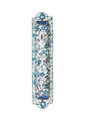Mezuzah case edged with rows of deep blue stones on a wide body