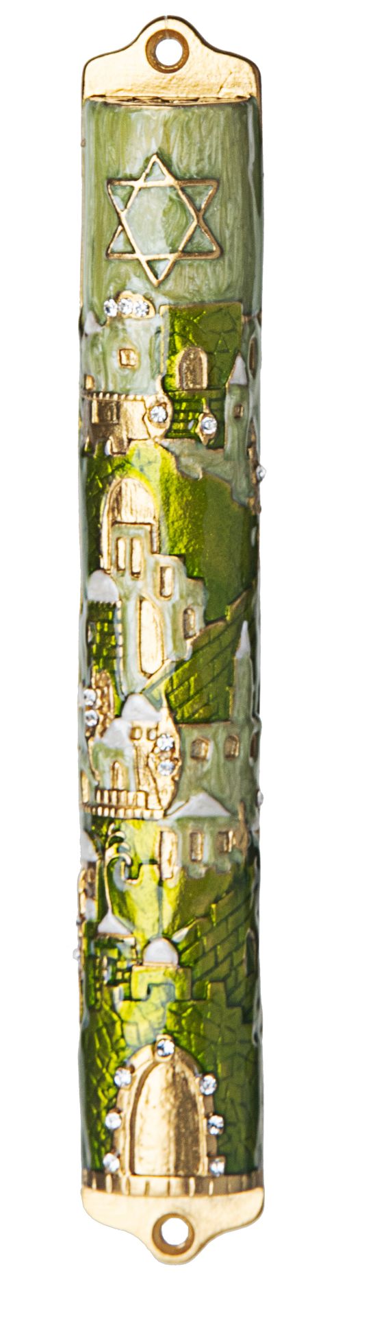 Green enamel mezuzah case set with coloured stones over a City of Jerusalem skyline