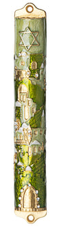 Green enamel mezuzah case set with coloured stones over a City of Jerusalem skyline