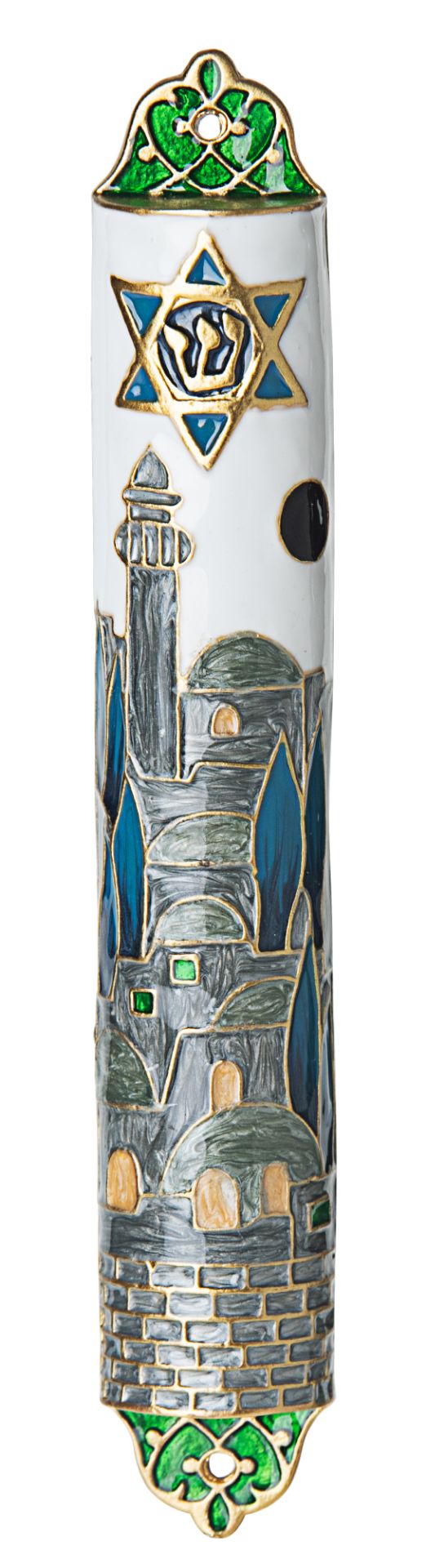 Enamel mezuzah case showing the Jerusalem skyline with small inset stones