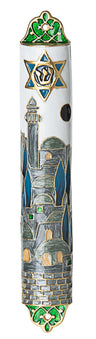Enamel mezuzah case showing the Jerusalem skyline with small inset stones