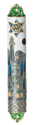 White enamel with clear stones Mezuzah Case — view 5 | Judaica Square Lakewood