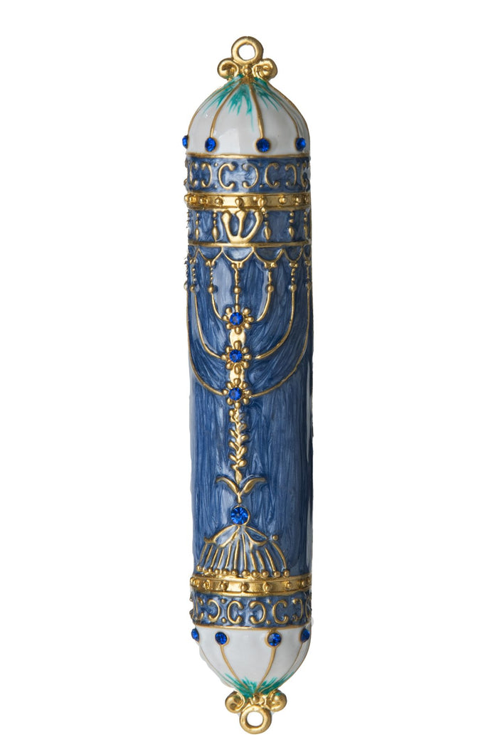 Tall blue, white and gold enamel mezuzah case studded with clear stones