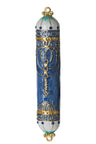 Tall blue, white and gold enamel mezuzah case studded with clear stones