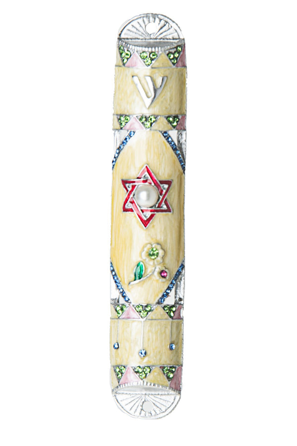 Enamel mezuzah case with a stone-set Star of David on a coloured ground