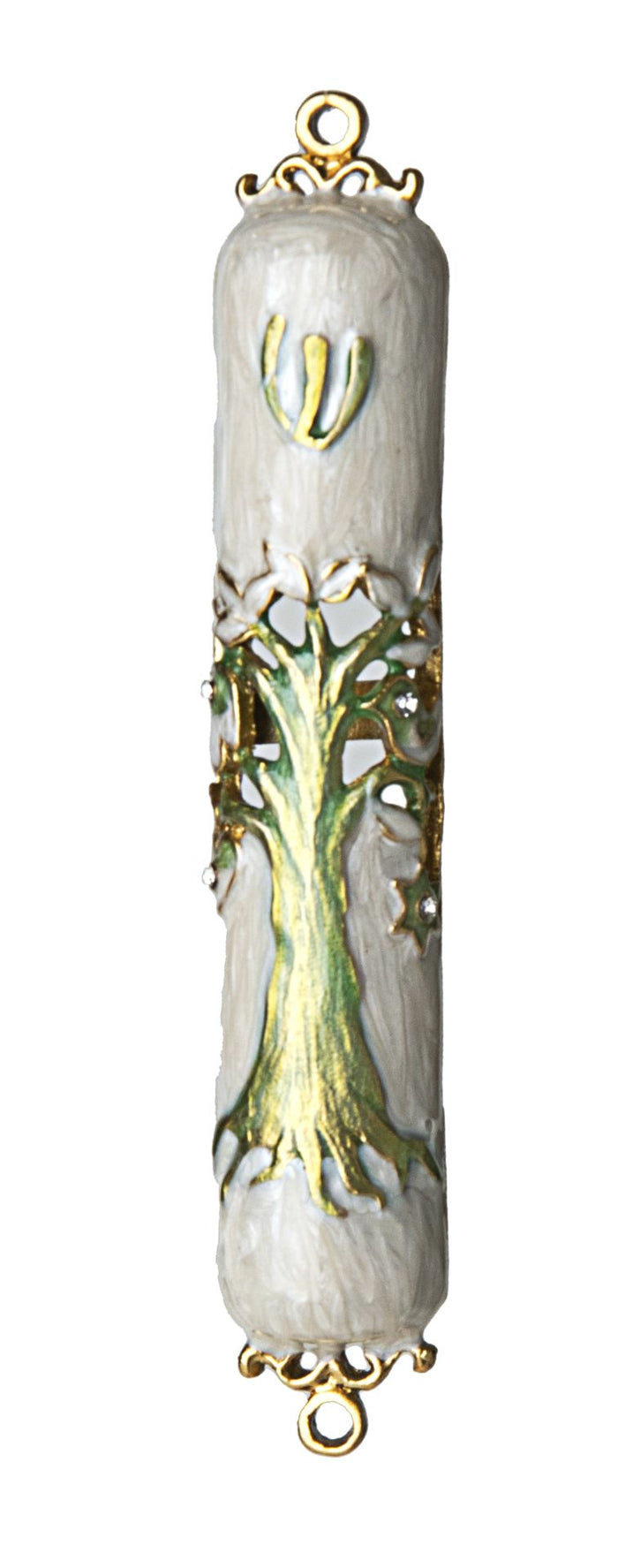 White enamel mezuzah case with a pale green tree of life running up the front