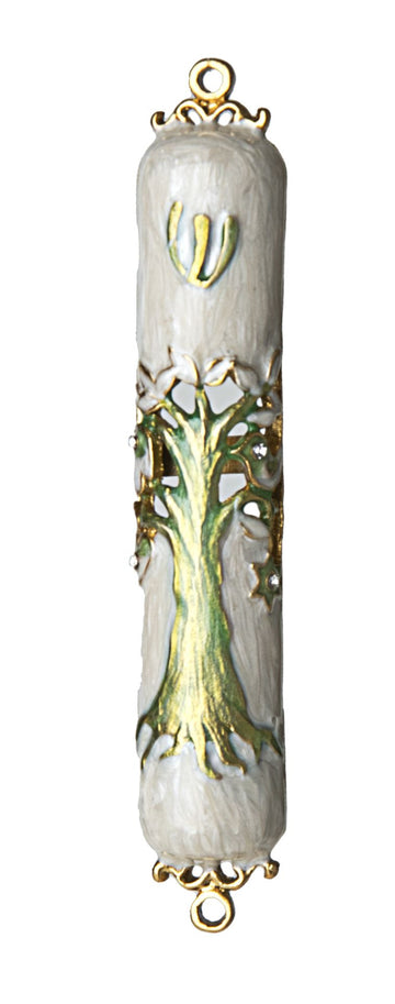 White enamel mezuzah case with a light green Tree of Life, a Shin and gold-tone scroll loops