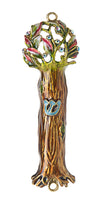 Brown enamel mezuzah case with a light green Tree of Life climbing the front