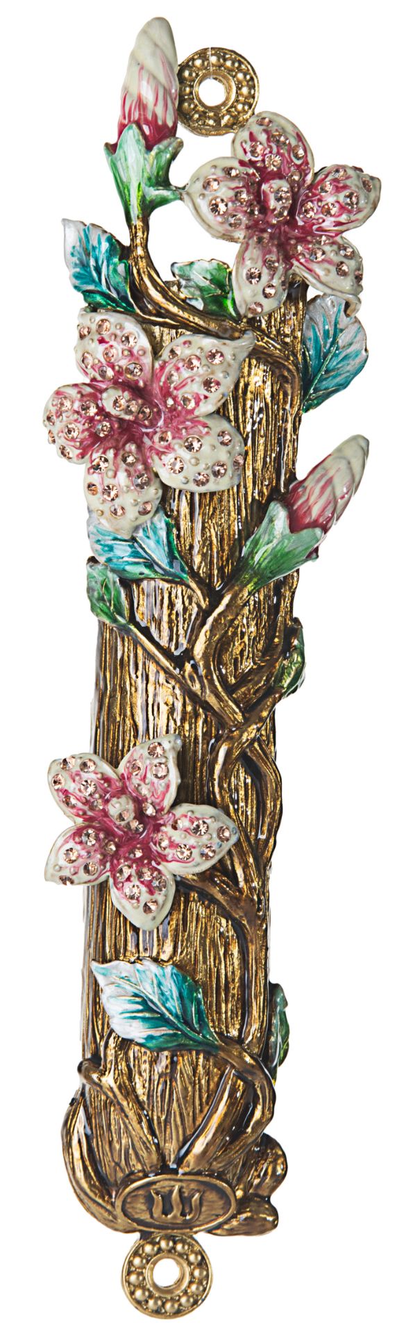 Pink enamel mezuzah case with painted flowers and inset jewels down the front
