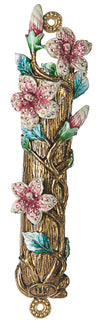 Pink enamel mezuzah case with painted flowers and inset jewels down the front