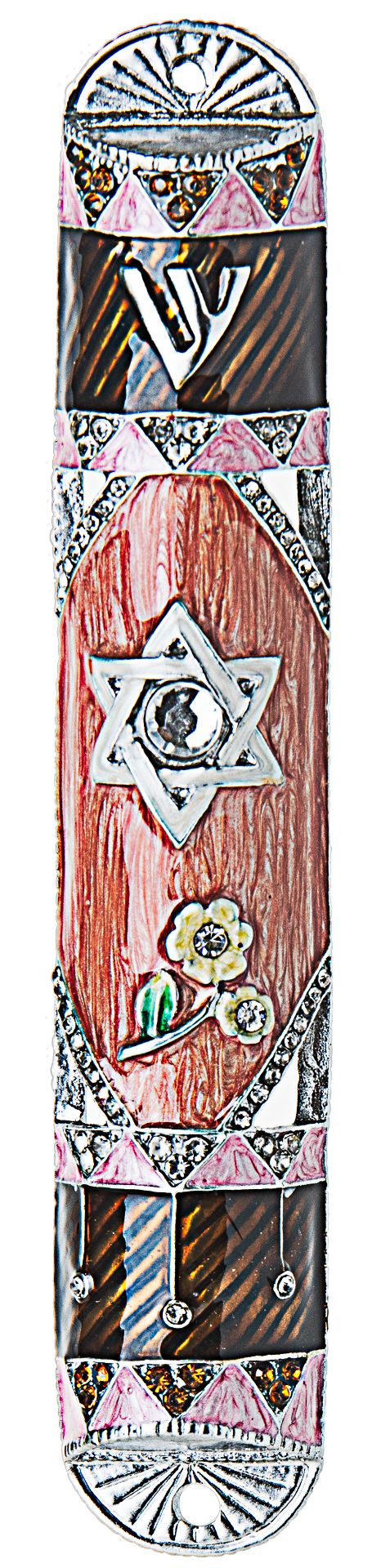 Pink and brown enamel mezuzah case with a jewelled Star of David