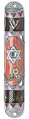 Pink and brown enamel mezuzah case with a jewelled Star of David
