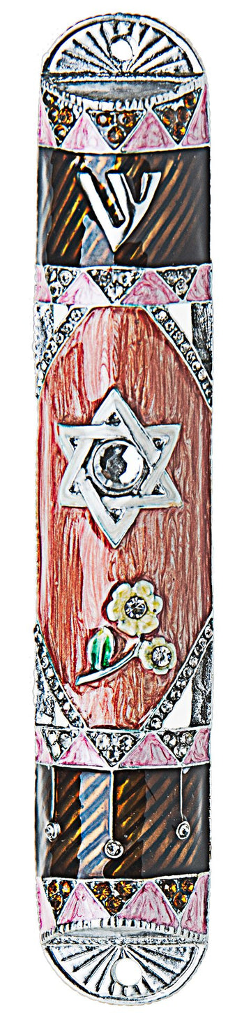 Pink and brown enamel mezuzah case with silver-tone Star of David and multicolored stones