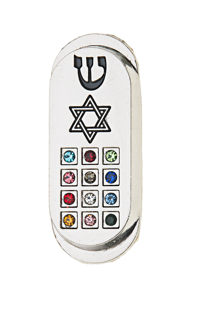 Silver-tone oval car mezuzah with black Shin, Star of David and a grid of twelve colored stones