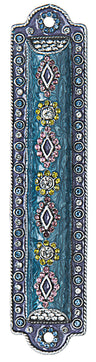 Mezuzah case set with rows of multicolored stones along its full length