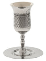 Stainless steel kiddush cup on a slender stem sitting on its matching round tray
