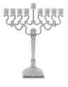 Small silver plated Chanukah menorah with eight branches curving up from a low base