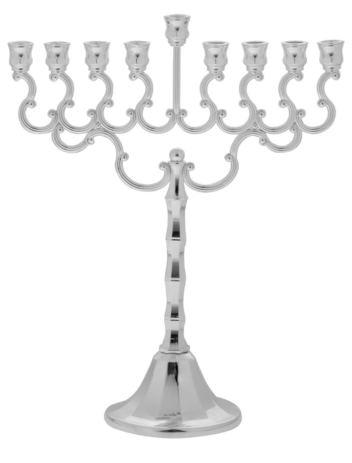 Small silver plated Chanukah menorah with eight candle cups in a row and a raised shamash