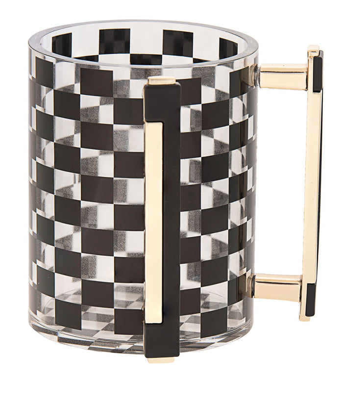 Black and clear lucite washing cup with a molded handle on each side