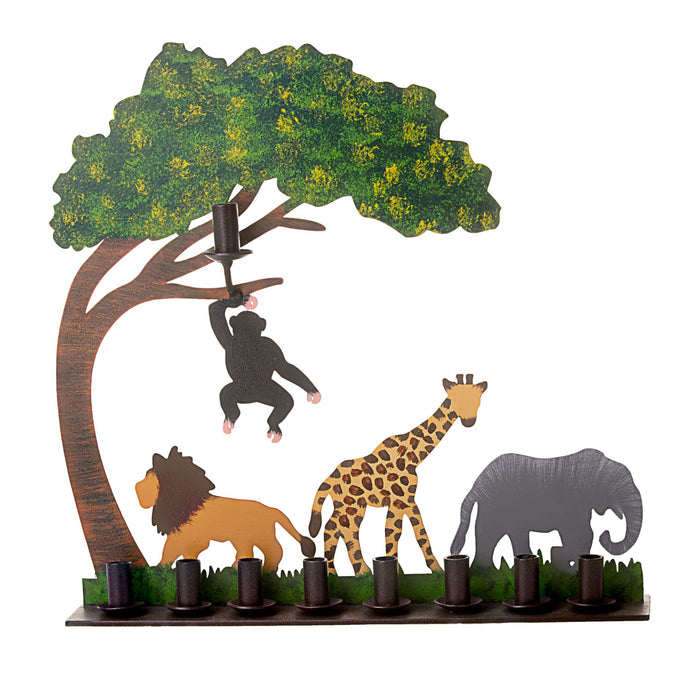 Metal menorah shaped as a line of jungle animals with nine holders along the top