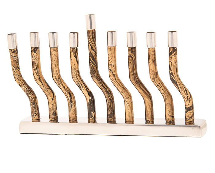 Gold metal Chanukah menorah shaped as a continuous swirl with nine candle holders