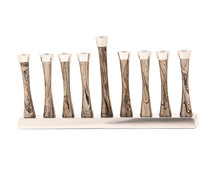 Metal menorah with nine hourglass holders in swirled brown and cream on a silver-tone bar