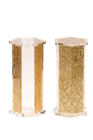 Two hexagonal gold toned lucite shakers standing side by side with faceted panels