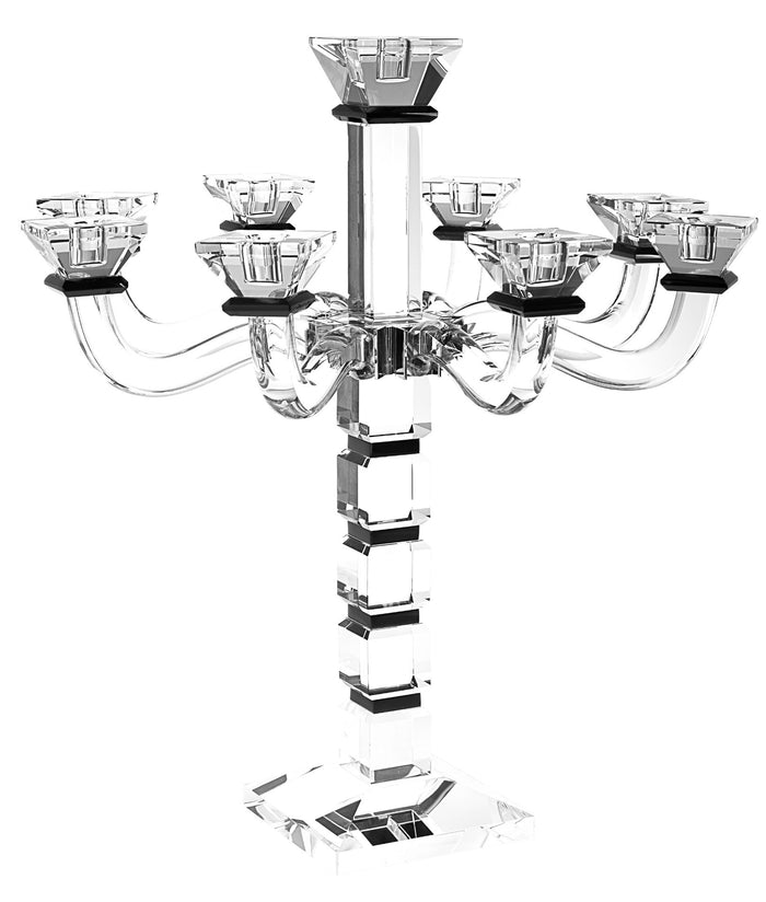 Wide crystal candelabra with nine arms and black accents along its stem