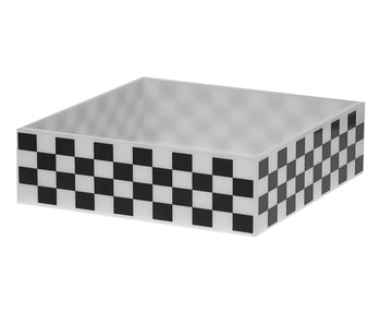 Square black and white lucite napkin holder with a shallow open well