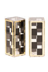 Black and clear lucite salt and pepper shakers standing as a matched two-tone pair