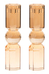 Medium gold toned crystal candlestick with a faceted stem and square foot