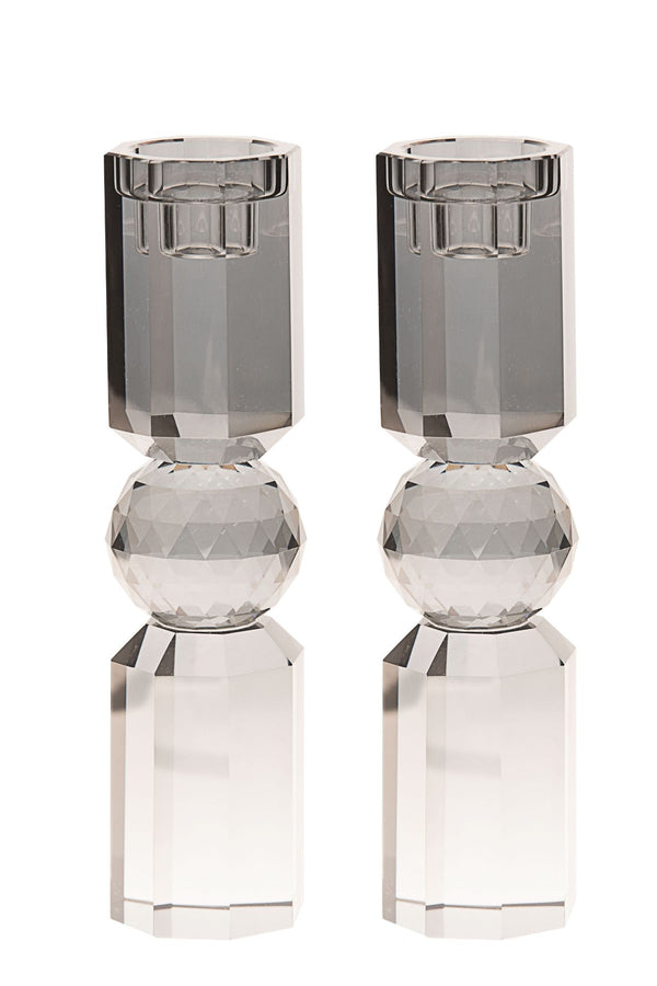 Large grey tinted crystal candlestick with a tall column and a small square base