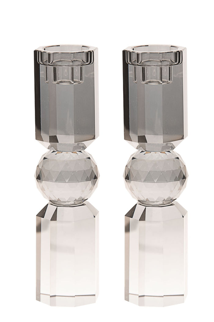 Large grey tinted crystal candlestick with a tall column and a small square base